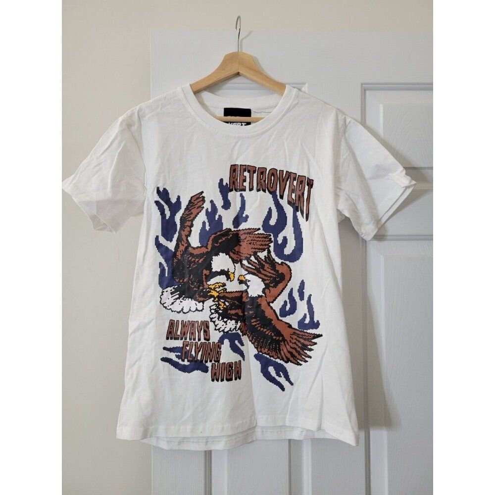Retrovert Unisex Short Sleeve Crew Neck Navy Bird Tee AR8 White S NWOT
